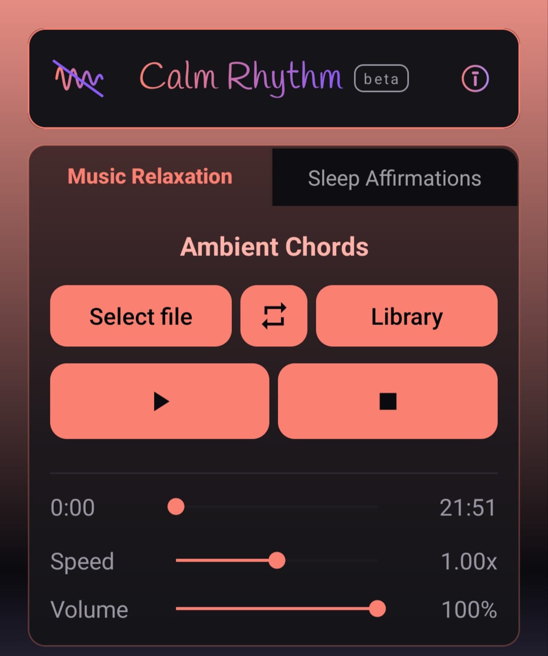 The Music Relaxation screen, showing the file picker and the speed and volume sliders
